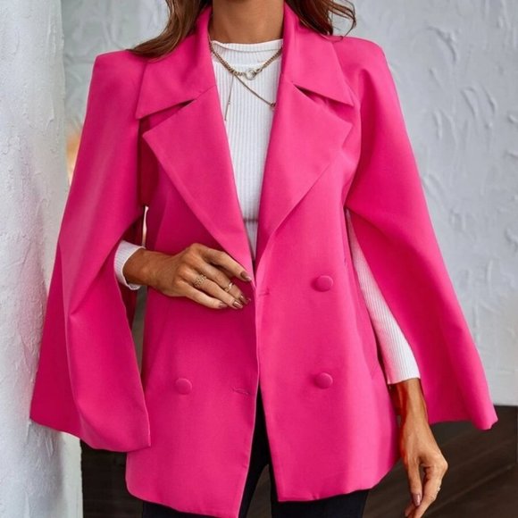 . Jackets & Blazers - Chic Pink Cloak Sleeve Double Breasted Cape Blazer business